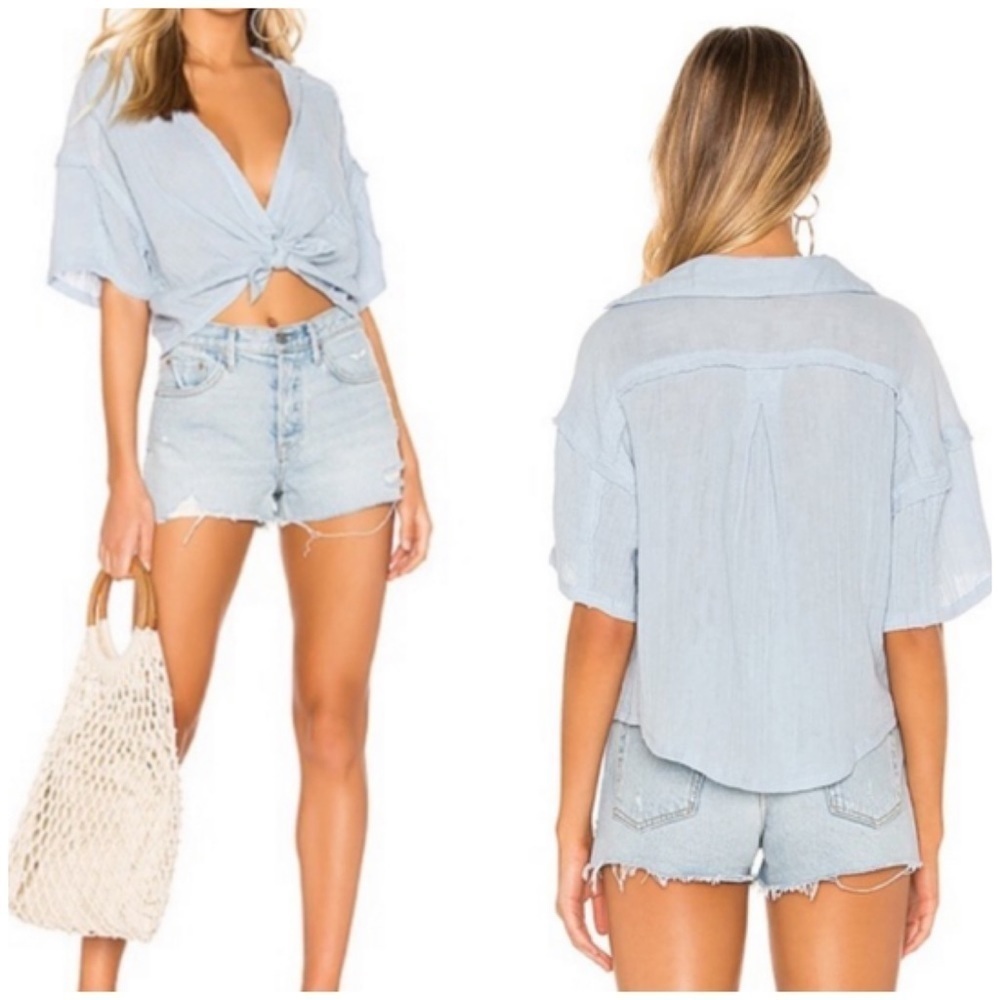 Free People Full Of Light Misty Blue Cotton Shirt